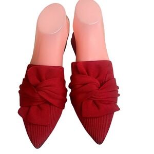VIVAIA Red Knit Pointed Toe Mules Knotted Bow Low Block Heel Shoes Womens 7.5/38